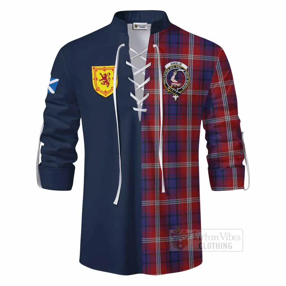 Ainslie Tartan Ghillie Kilt Shirt Alba with Scottish Lion Royal Arm Half Style