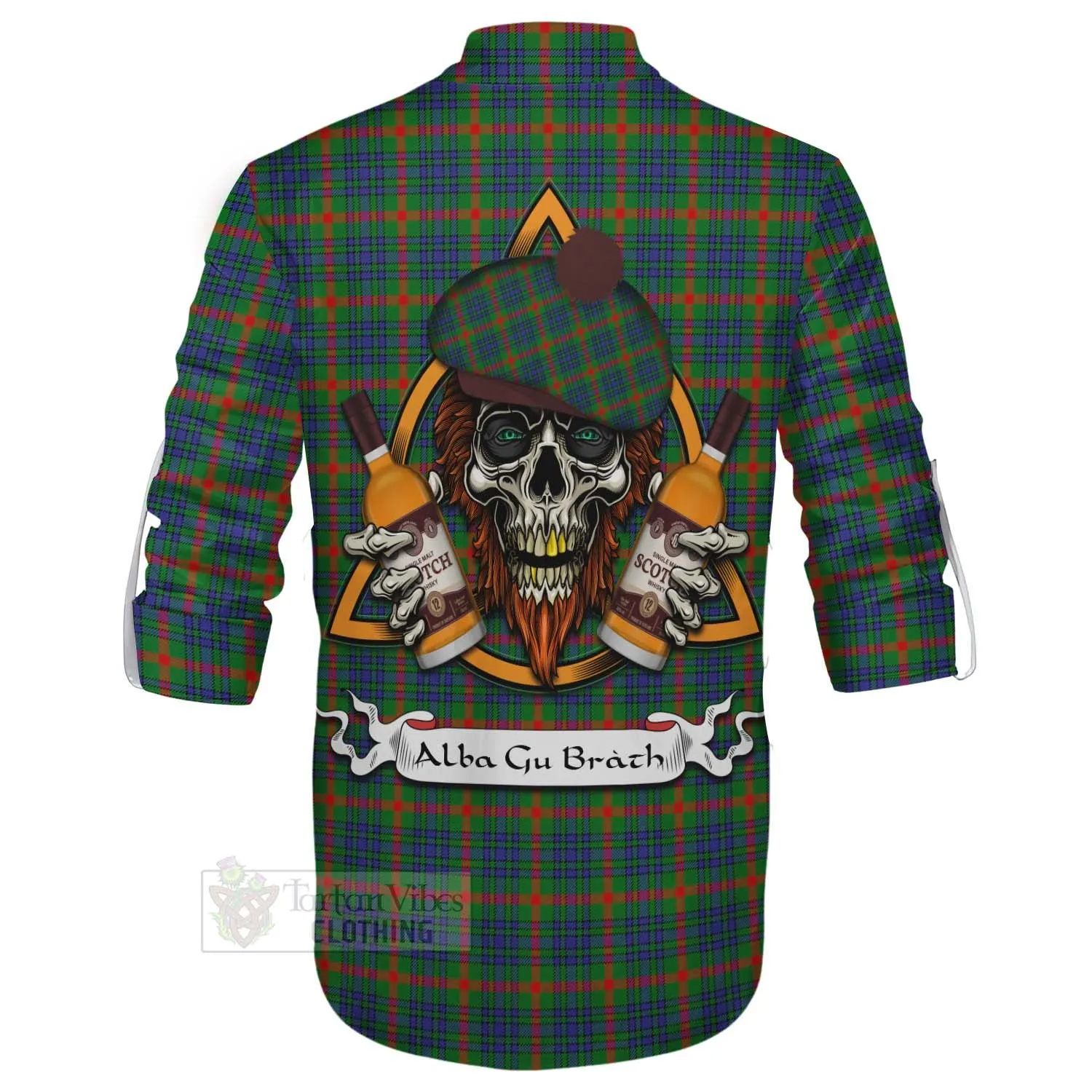 Aiton Tartan Ghillie Kilt Shirt with Family Crest and Bearded Skull Holding Bottles of Whiskey