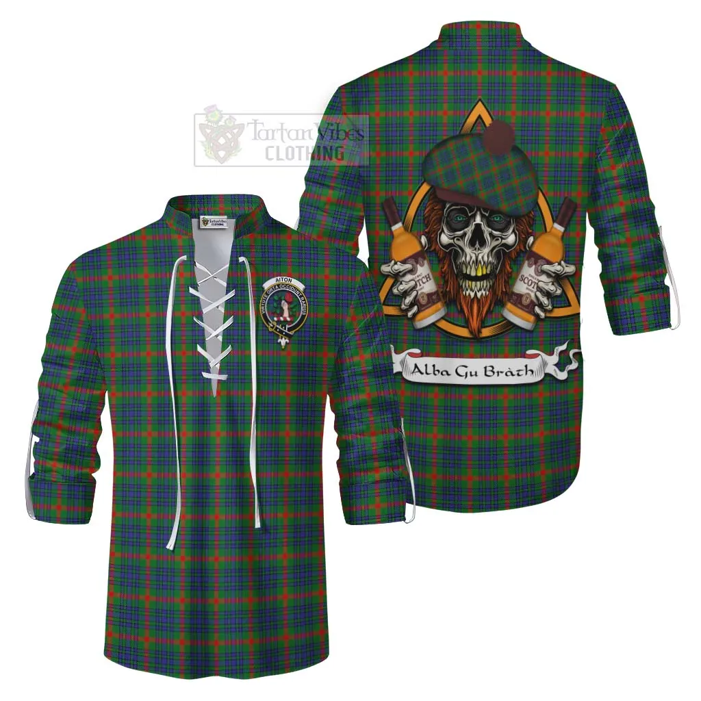 Aiton Tartan Ghillie Kilt Shirt with Family Crest and Bearded Skull Holding Bottles of Whiskey