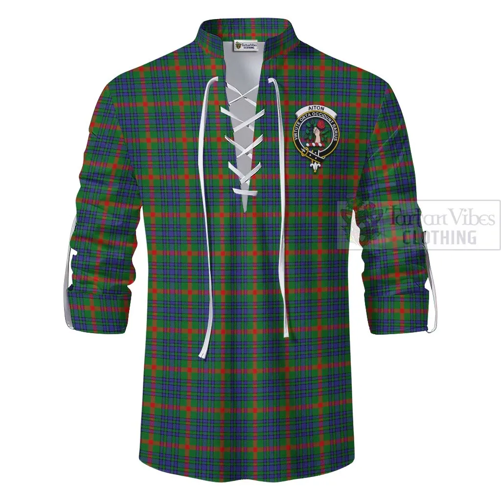 Aiton Tartan Ghillie Kilt Shirt with Family Crest and Bearded Skull Holding Bottles of Whiskey