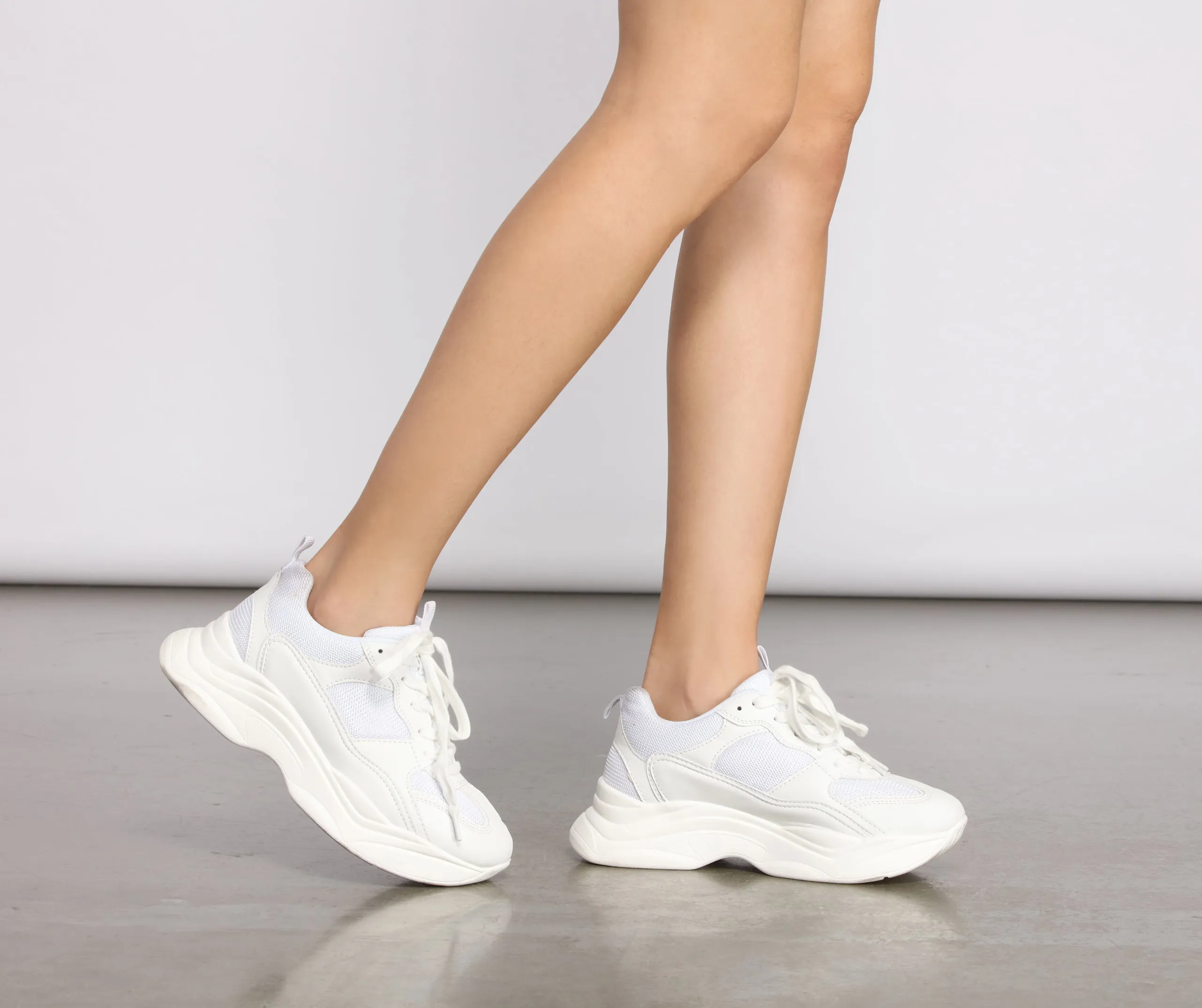 All White Chunky Lace Up Sneakers