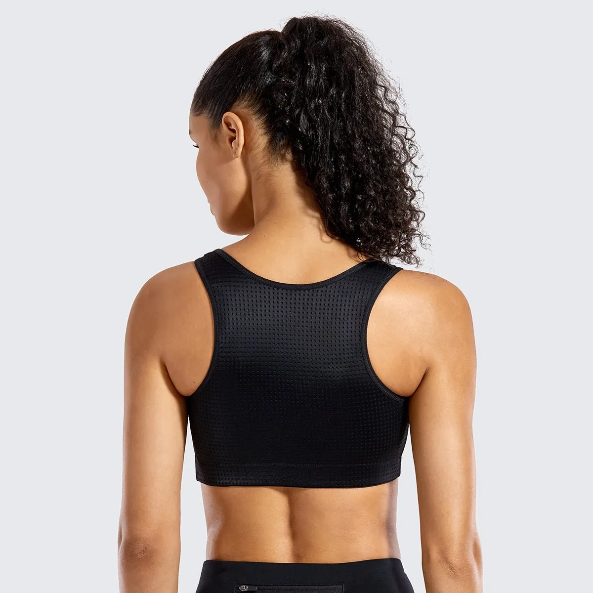 Anti-scratch Front Zip Closure Double-layer Mesh Padded Wireless Black Sports Bra