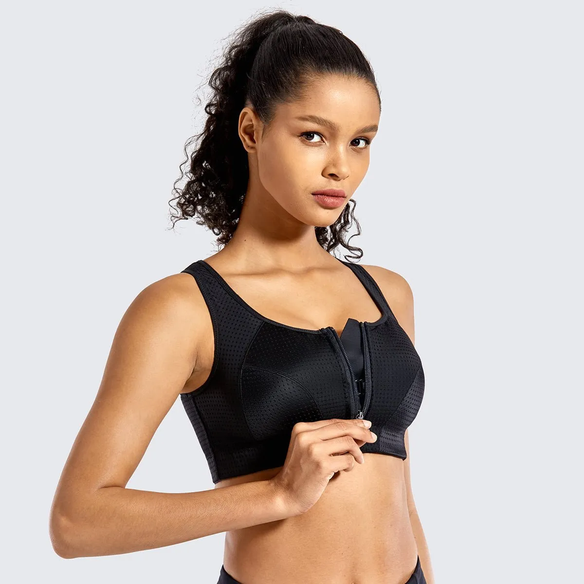 Anti-scratch Front Zip Closure Double-layer Mesh Padded Wireless Black Sports Bra