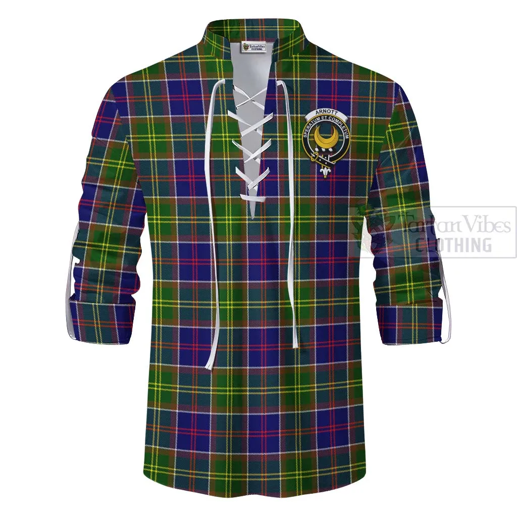 Arnott Tartan Ghillie Kilt Shirt with Family Crest and Bearded Skull Holding Bottles of Whiskey