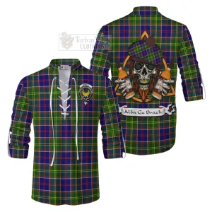 Arnott Tartan Ghillie Kilt Shirt with Family Crest and Bearded Skull Holding Bottles of Whiskey