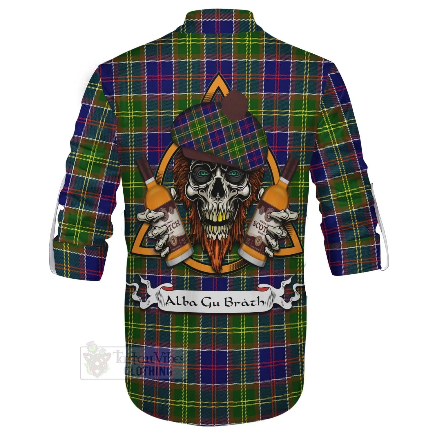 Arnott Tartan Ghillie Kilt Shirt with Family Crest and Bearded Skull Holding Bottles of Whiskey