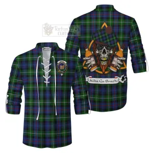 Baillie (Bailey) Tartan Ghillie Kilt Shirt with Family Crest and Bearded Skull Holding Bottles of Whiskey