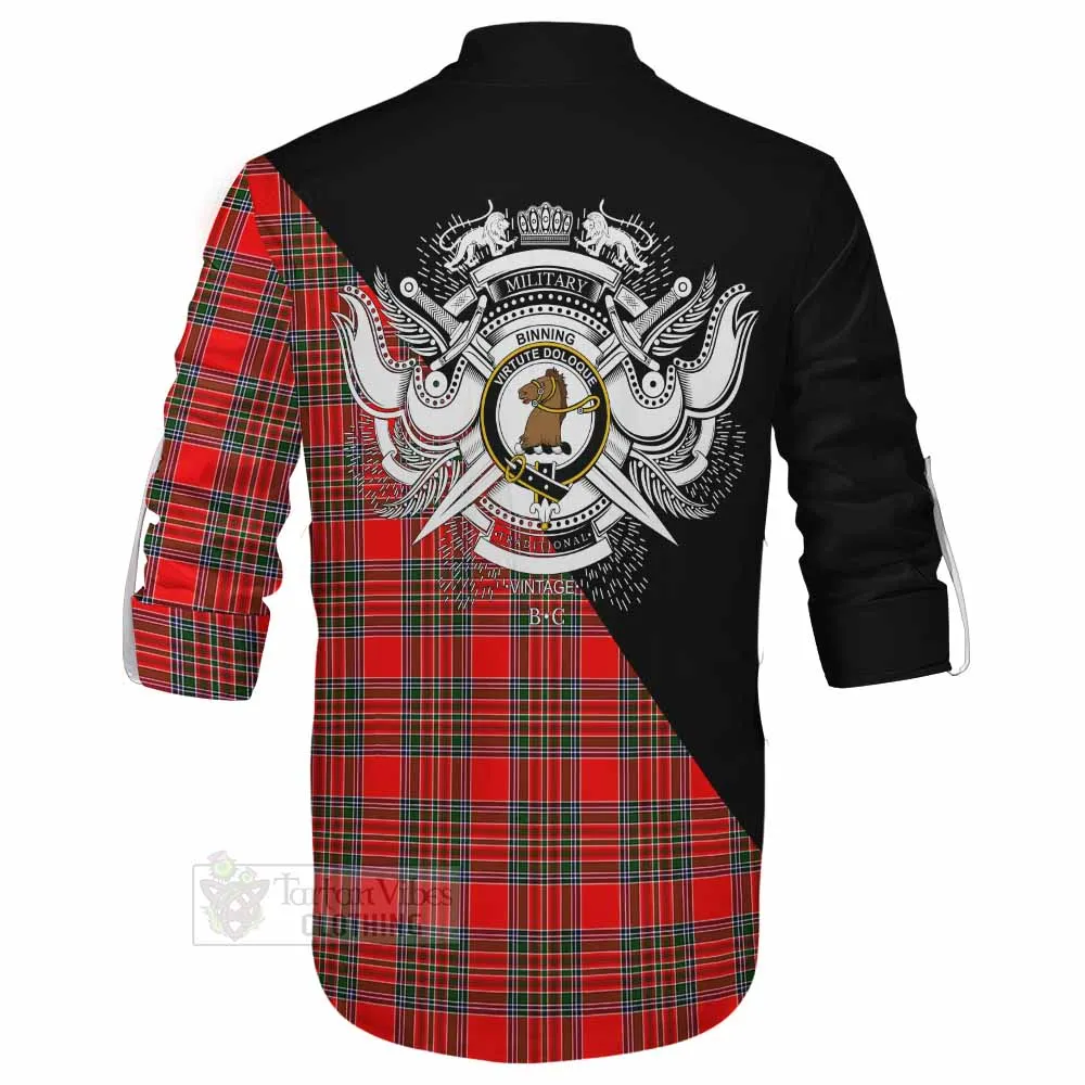 Binning Tartan Ghillie Kilt Shirt with Family Crest and Military Logo Style