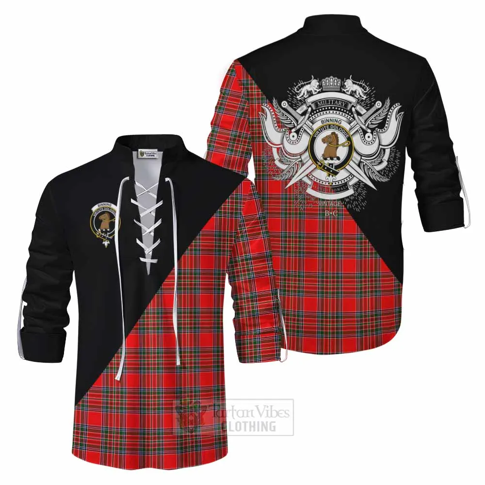 Binning Tartan Ghillie Kilt Shirt with Family Crest and Military Logo Style