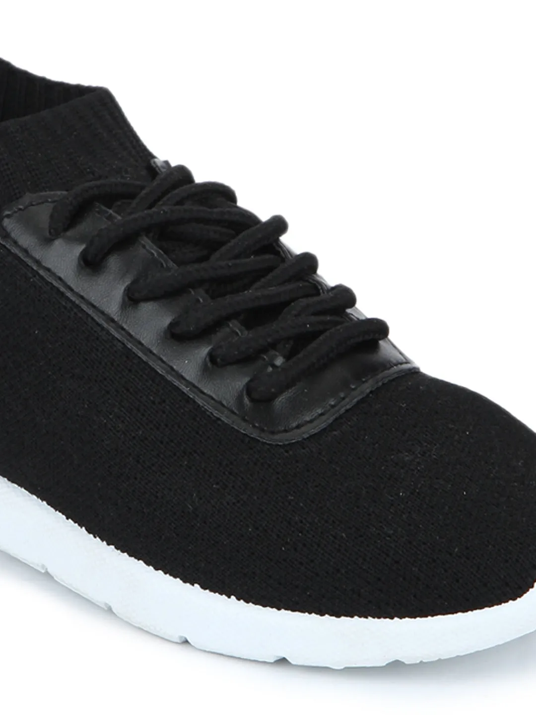 Black PU Knit Cleated Lace-Up Sneakers