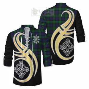 Black Watch Tartan Ghillie Kilt Shirt with Family Crest and Celtic Symbol Style