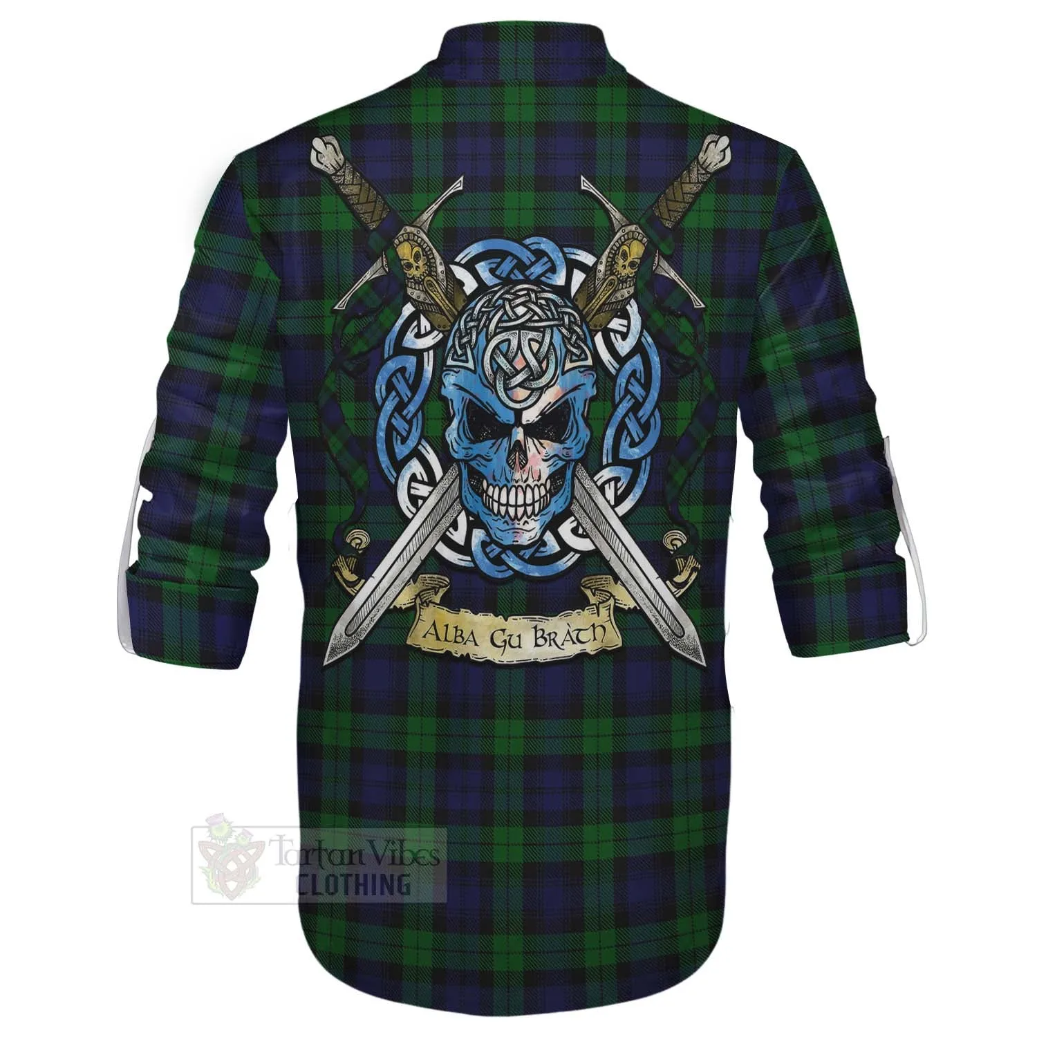 Black Watch Tartan Ghillie Kilt Shirt with Family Crest Celtic Skull Style