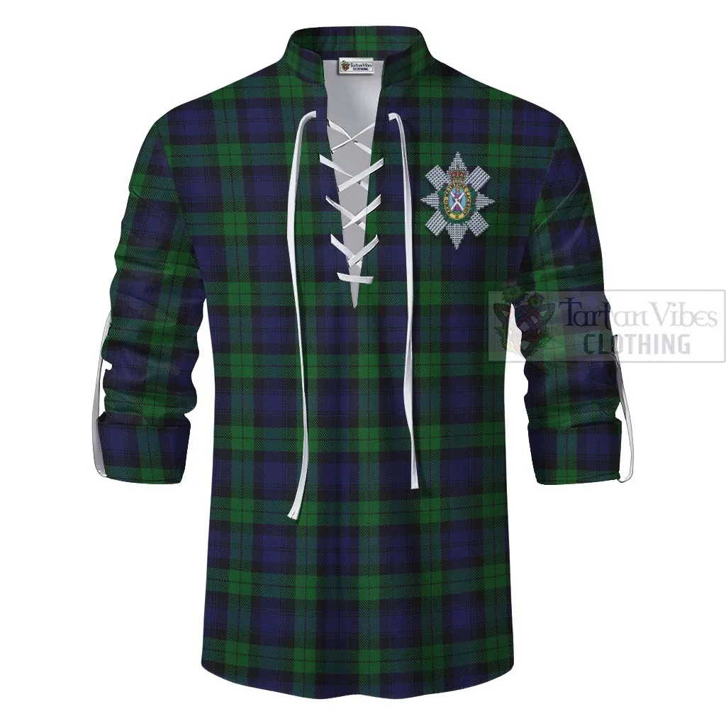 Black Watch Tartan Ghillie Kilt Shirt with Family Crest Celtic Skull Style