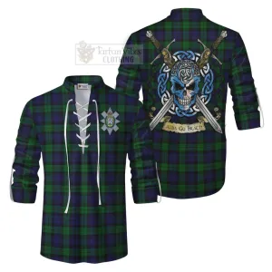 Black Watch Tartan Ghillie Kilt Shirt with Family Crest Celtic Skull Style