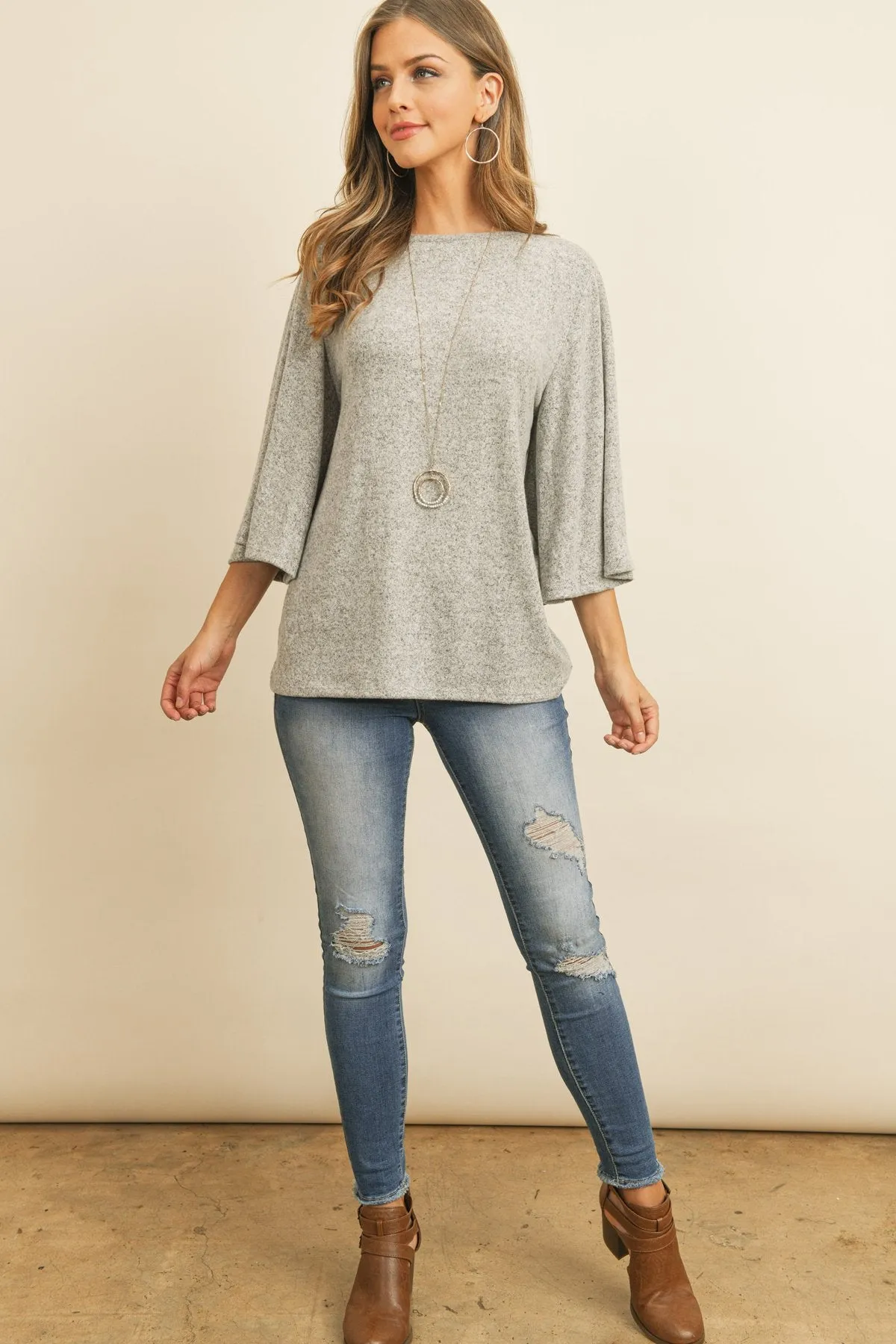 Boat Neck Bell Sleeve Solid Hacci Brushed Top