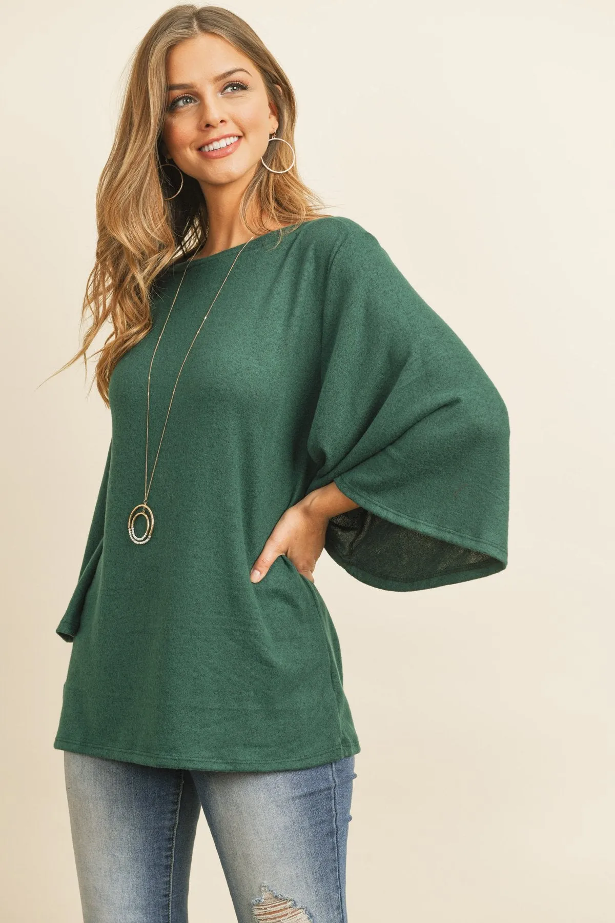 Boat Neck Bell Sleeve Solid Hacci Brushed Top