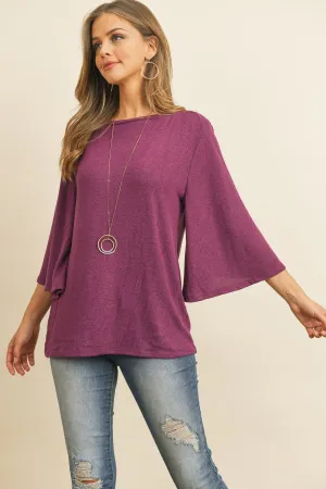 Boat Neck Bell Sleeve Solid Hacci Brushed Top