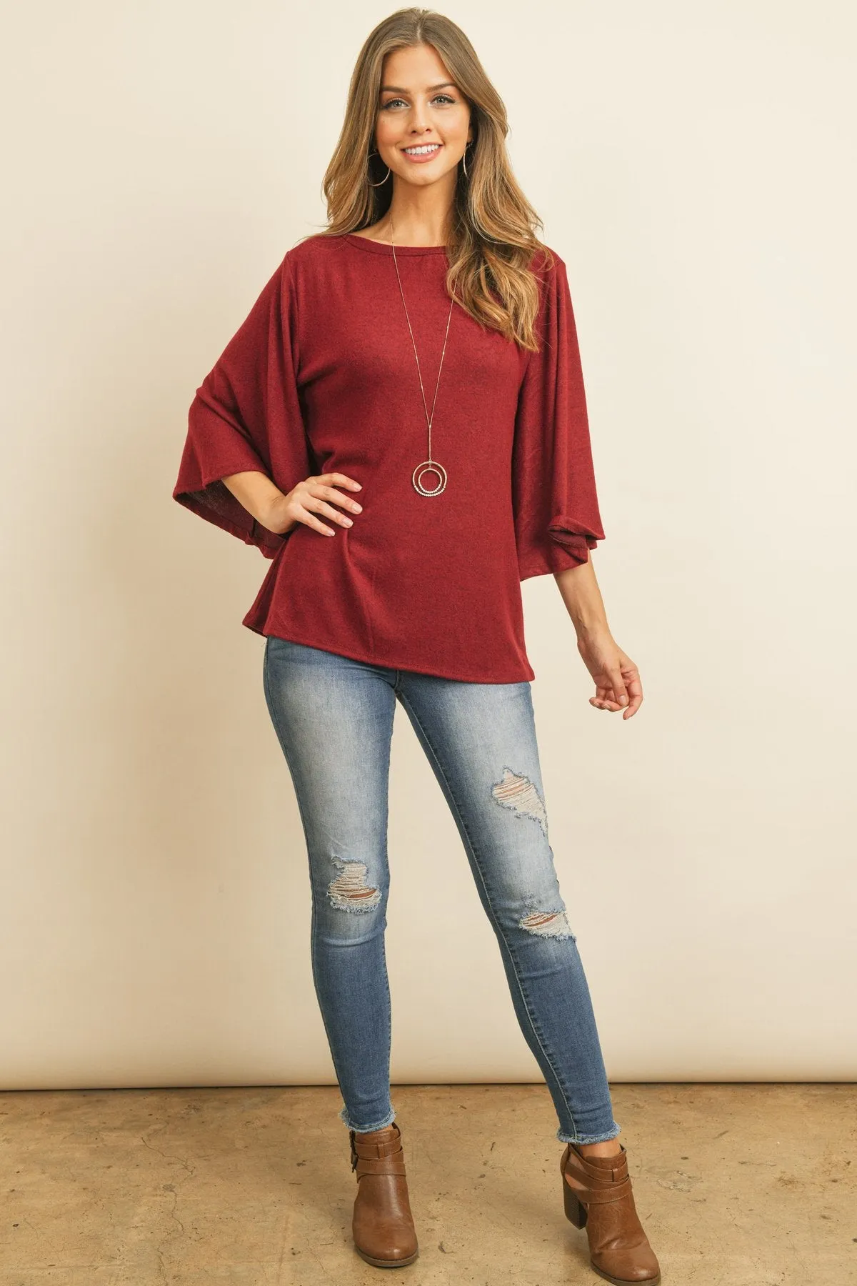 Boat Neck Bell Sleeve Solid Hacci Brushed Top