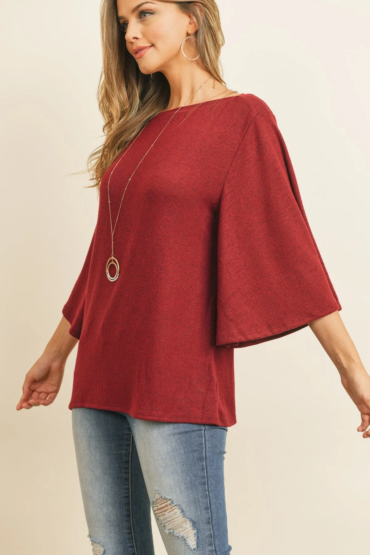 Boat Neck Bell Sleeve Solid Hacci Brushed Top