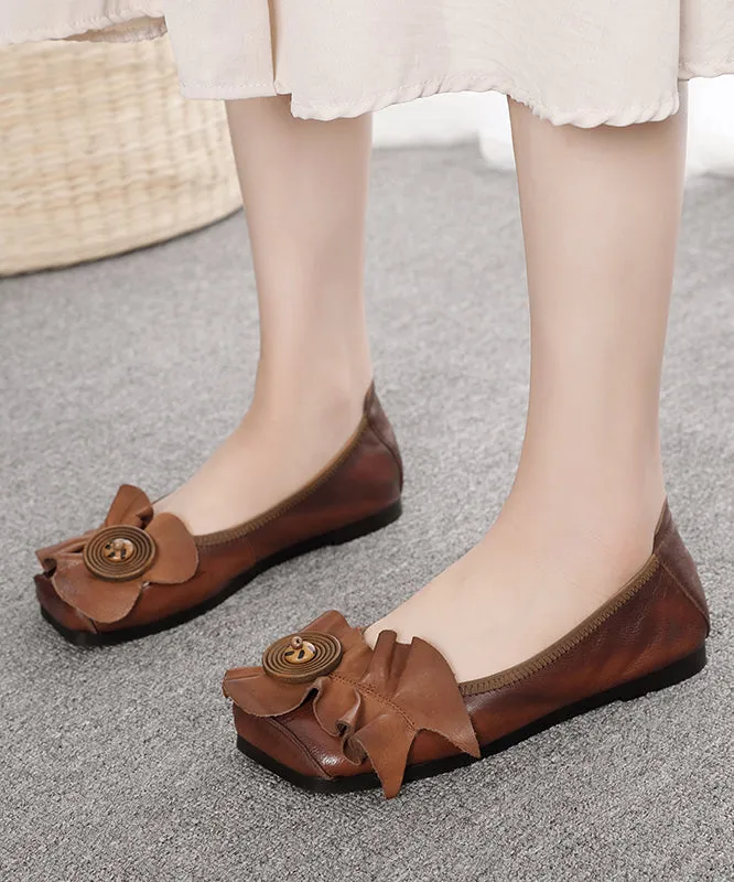 Boutique Brown Cowhide Leather Flat Shoes Splicing Ruffled AG1014