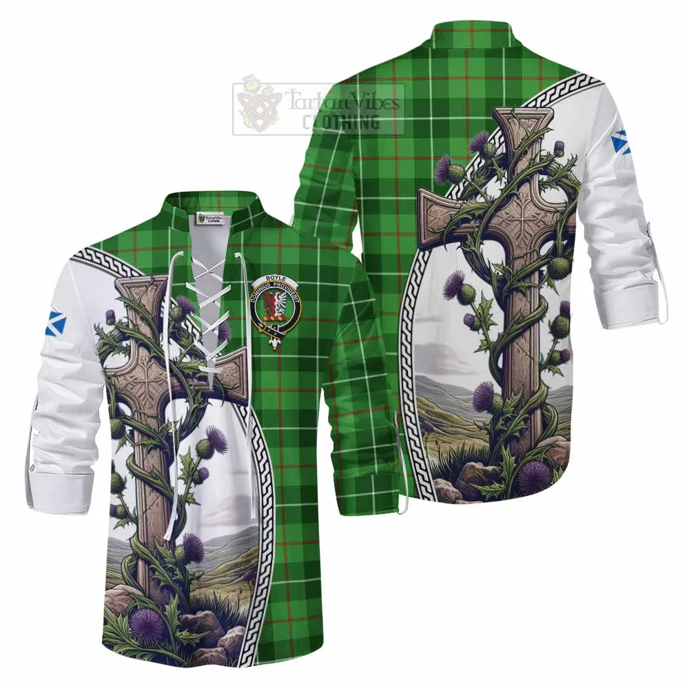 Boyle Tartan Ghillie Kilt Shirt with Family Crest and St. Andrew's Cross Accented by Thistle Vines