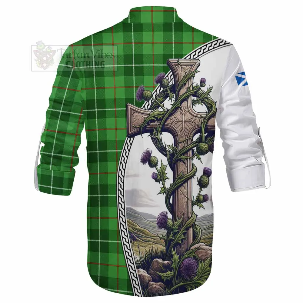 Boyle Tartan Ghillie Kilt Shirt with Family Crest and St. Andrew's Cross Accented by Thistle Vines