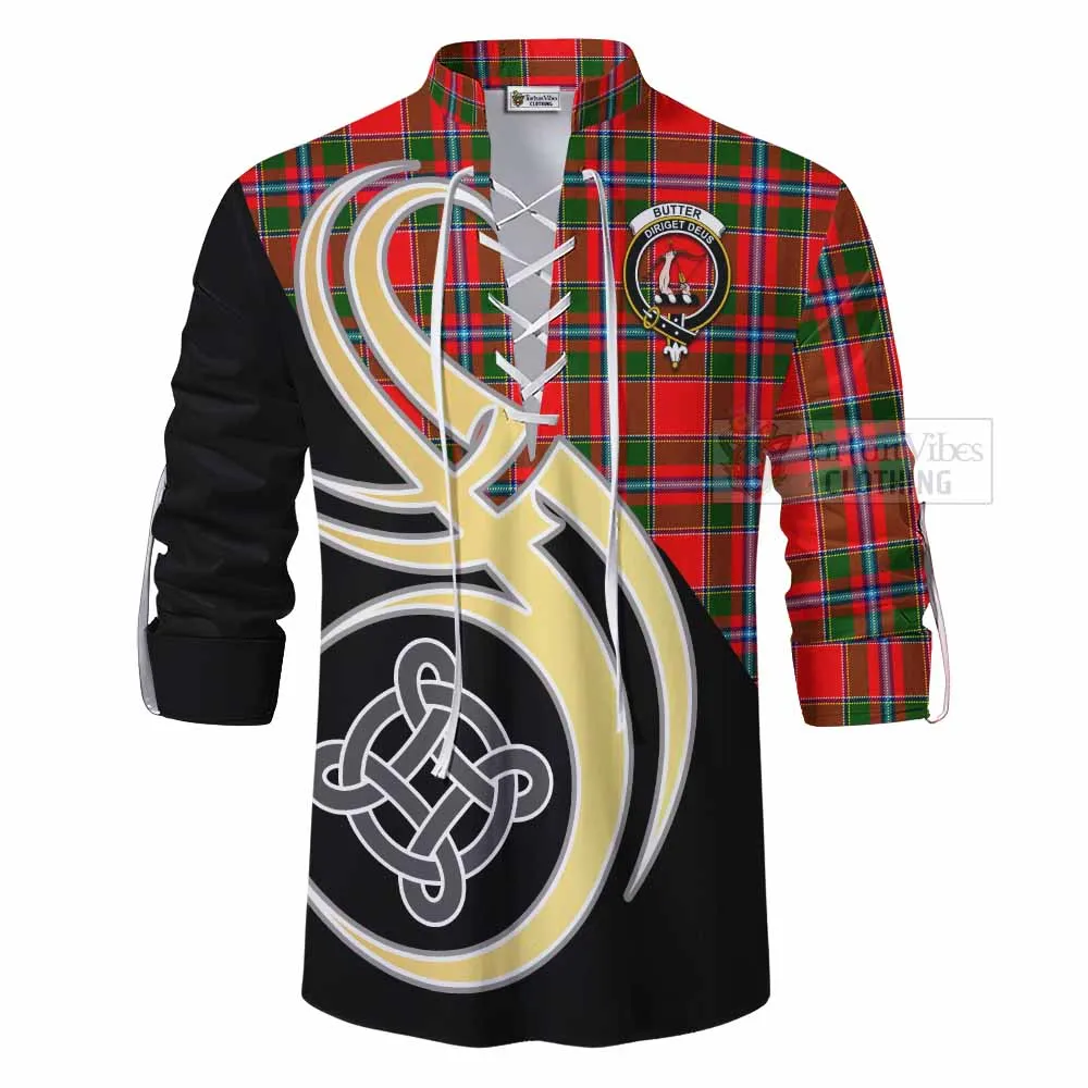 Butter Tartan Ghillie Kilt Shirt with Family Crest and Celtic Symbol Style