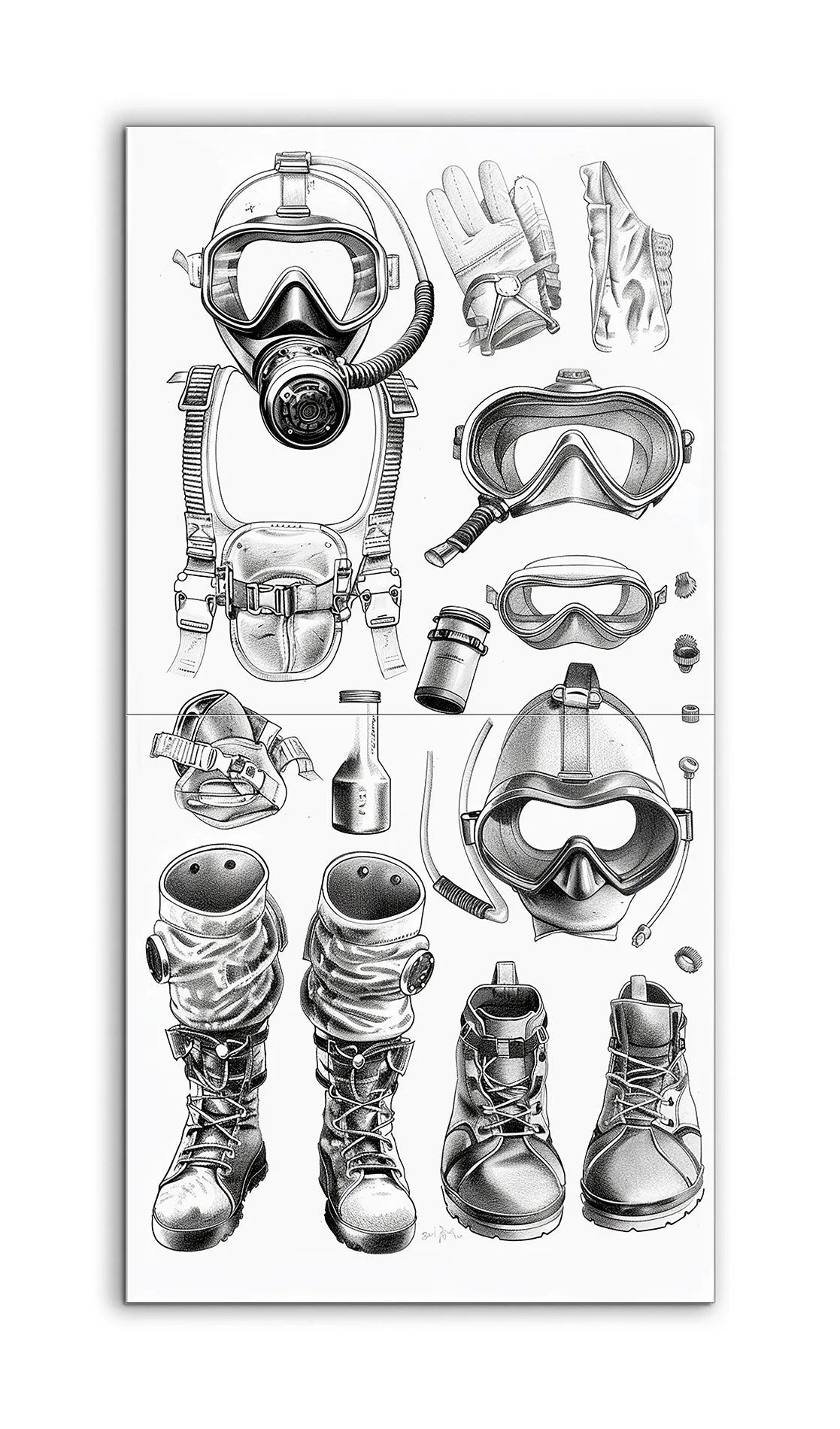 Dive Gear: Intricate Black & White Illustration