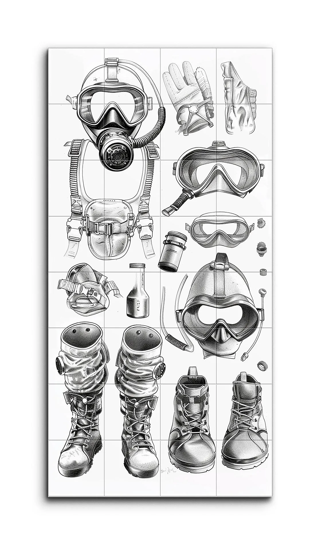 Dive Gear: Intricate Black & White Illustration