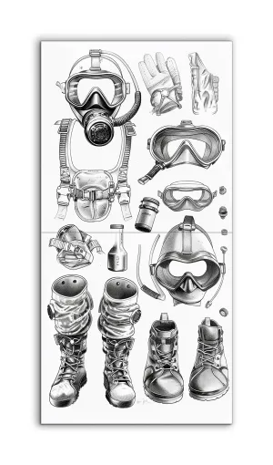 Dive Gear: Intricate Black & White Illustration