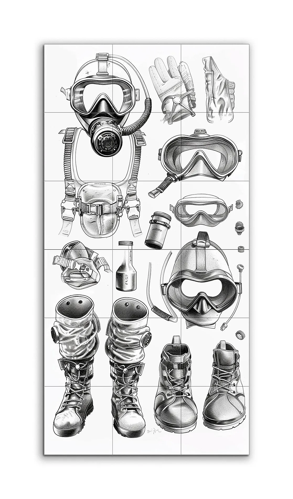 Dive Gear: Intricate Black & White Illustration