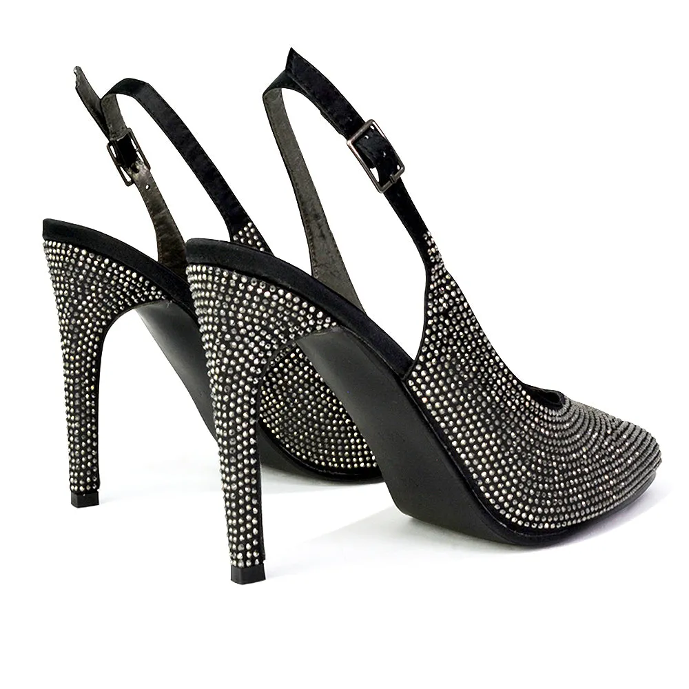 Divine Diamante Pointed Toe Slingback Bridal High Heel Stilettos in Black