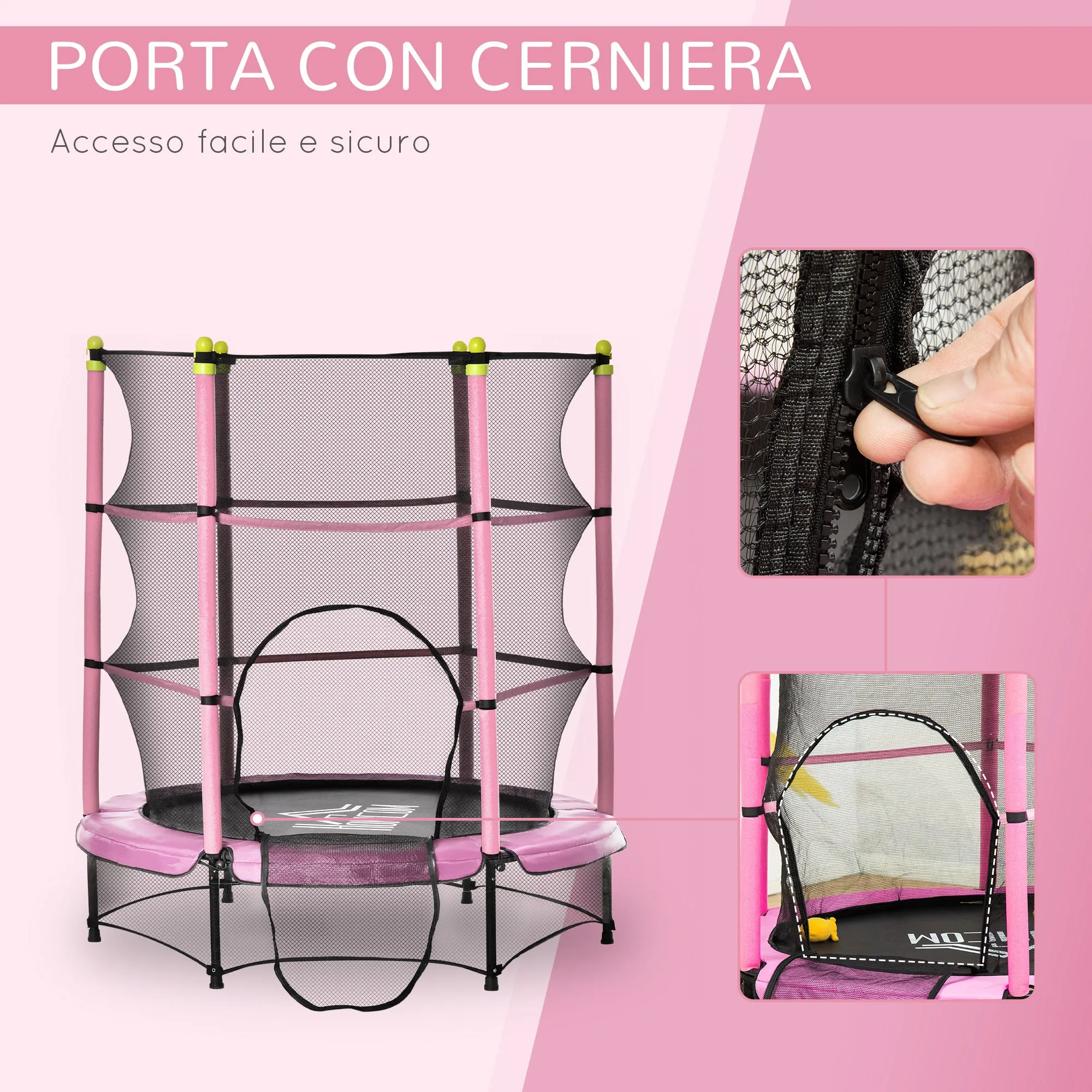 Easycomfort Tappeto Elastico per Bambini 3-6 Anni ?140x160cm, Trampolino da Giardino con Rete, Bordo Imbottito e Corde Elastiche, Rosa e Nero