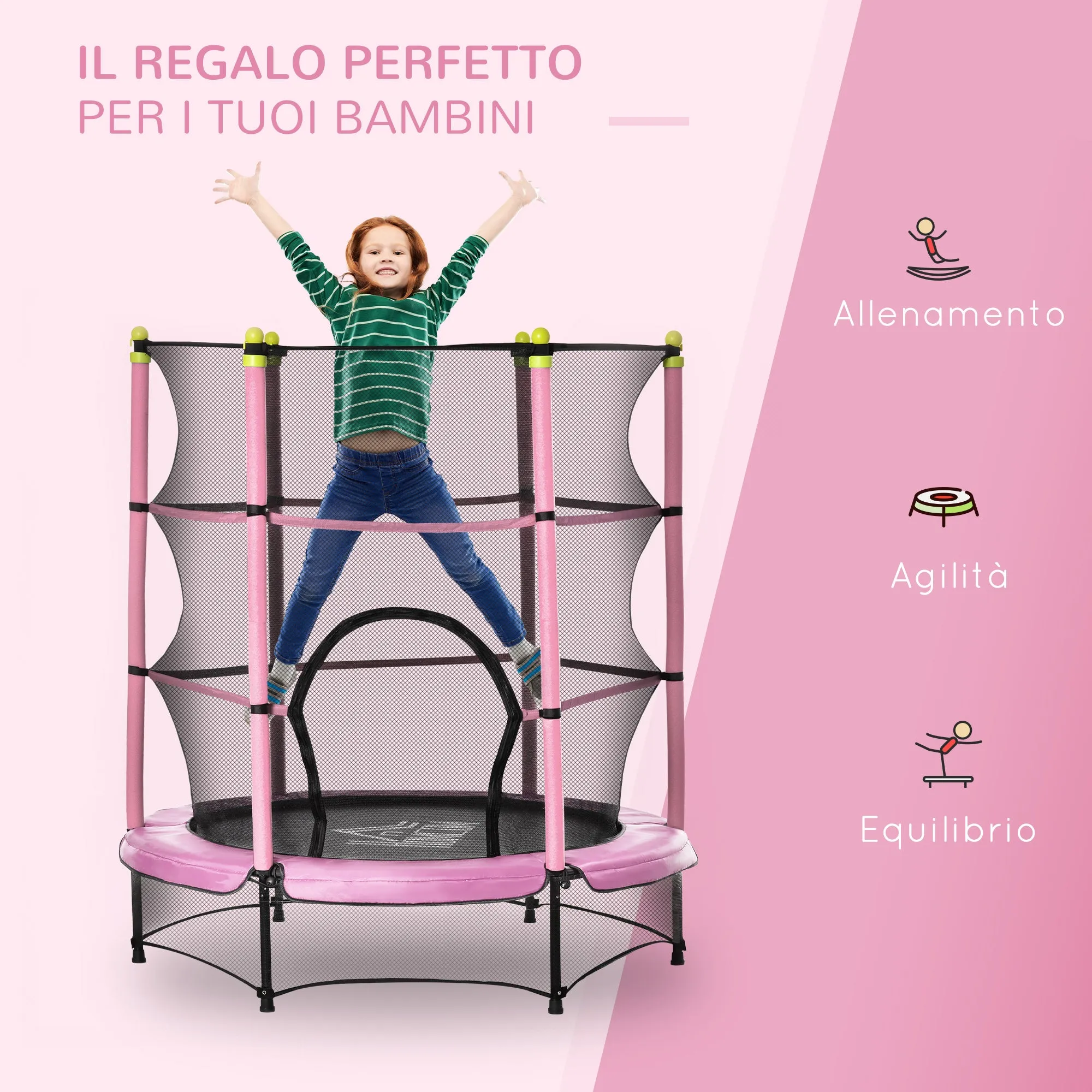 Easycomfort Tappeto Elastico per Bambini 3-6 Anni ?140x160cm, Trampolino da Giardino con Rete, Bordo Imbottito e Corde Elastiche, Rosa e Nero