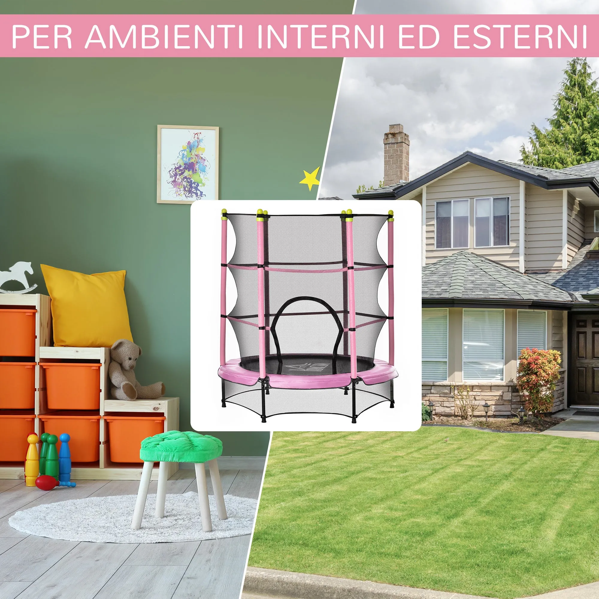 Easycomfort Tappeto Elastico per Bambini 3-6 Anni ?140x160cm, Trampolino da Giardino con Rete, Bordo Imbottito e Corde Elastiche, Rosa e Nero