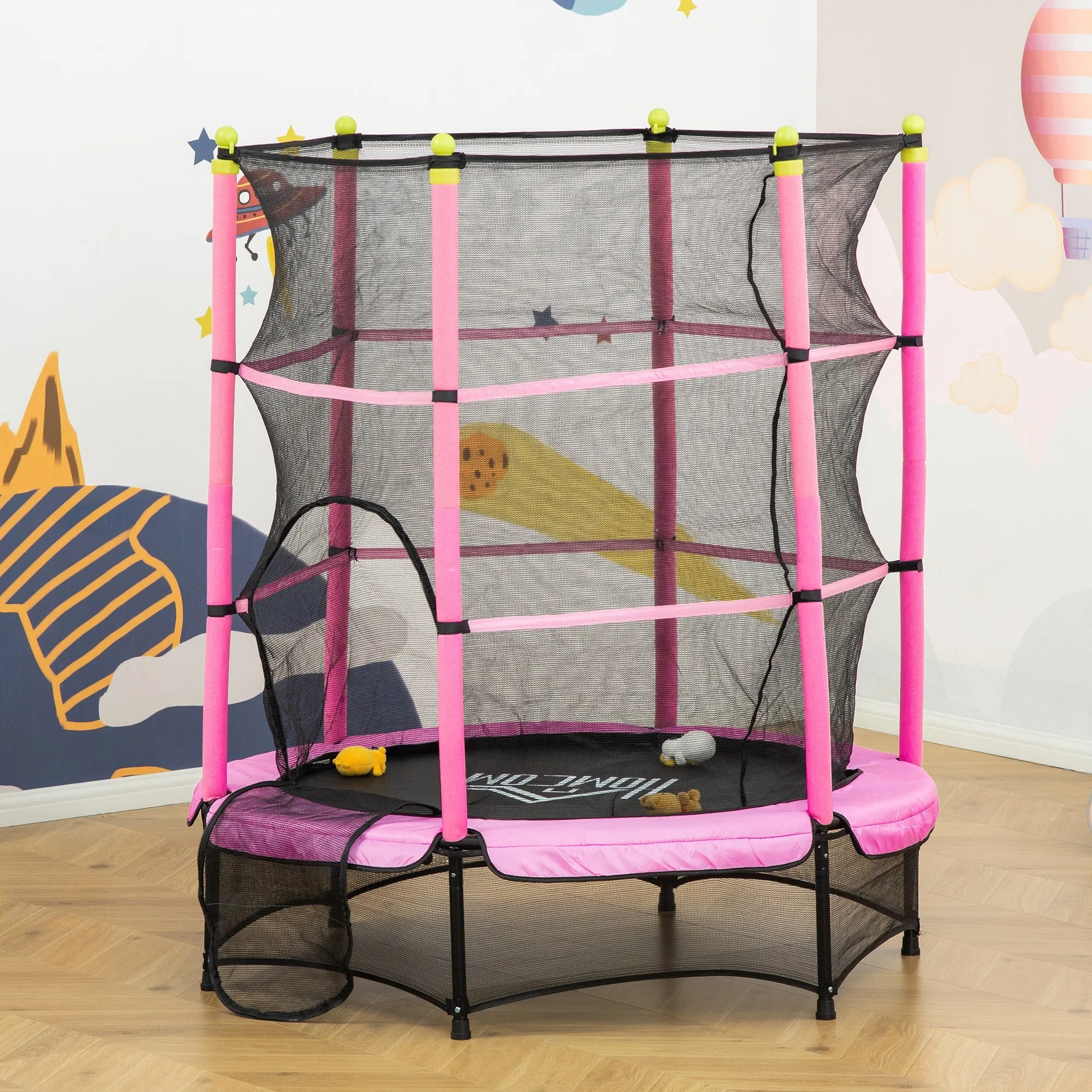 Easycomfort Tappeto Elastico per Bambini 3-6 Anni ?140x160cm, Trampolino da Giardino con Rete, Bordo Imbottito e Corde Elastiche, Rosa e Nero