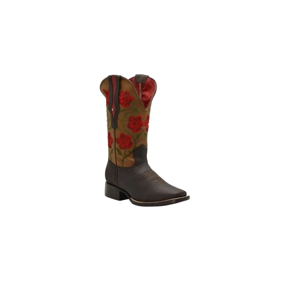 JB15-02 Brown Woman Boots with Red Flowers