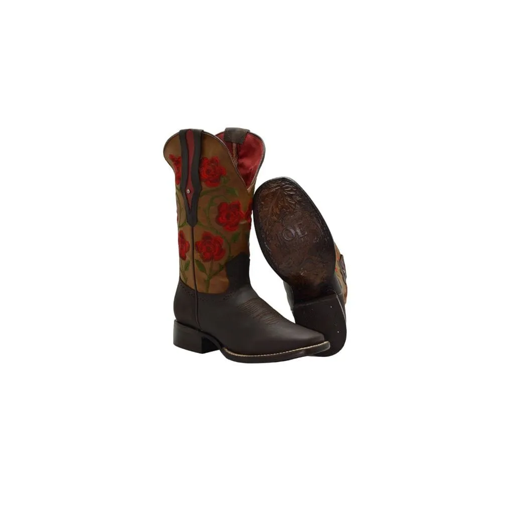 JB15-02 Brown Woman Boots with Red Flowers