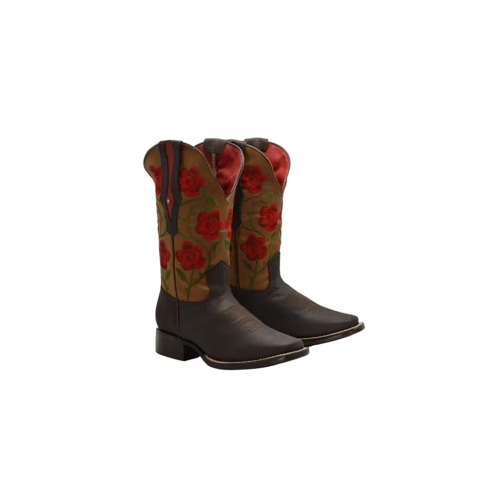 JB15-02 Brown Woman Boots with Red Flowers