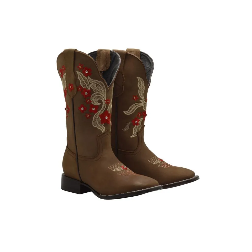 JB16-06 Sand Women Square Toe Boots Red Flowers