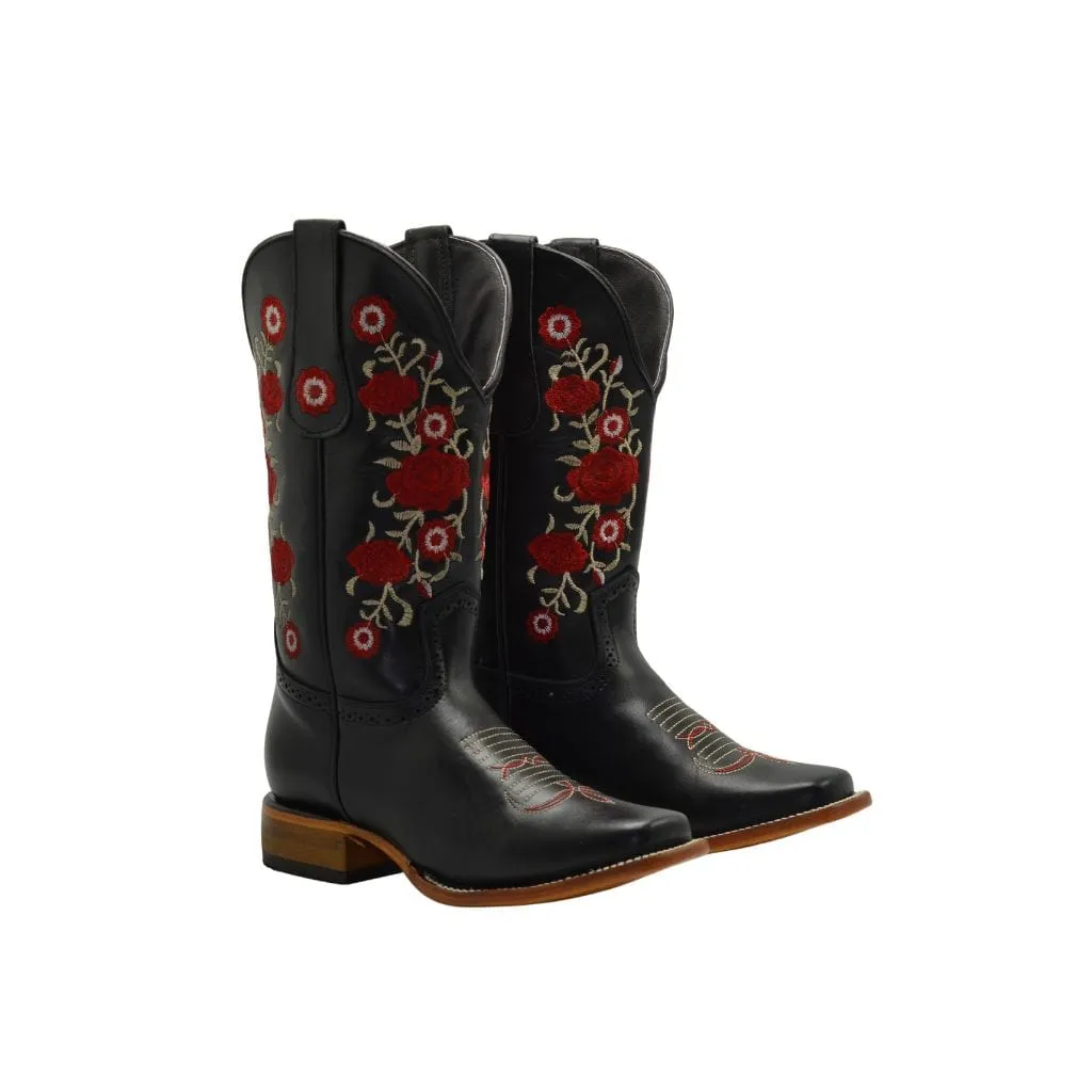 JB16-07 Black Women Square Toe Boots Red Flowers