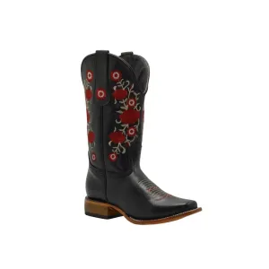 JB16-07 Black Women Square Toe Boots Red Flowers