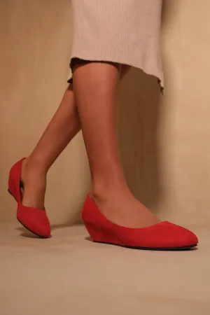 KIERAN PLATFORM LOW WEDGE MID HEEL COURT SHOES IN ROUGE RED SUEDE