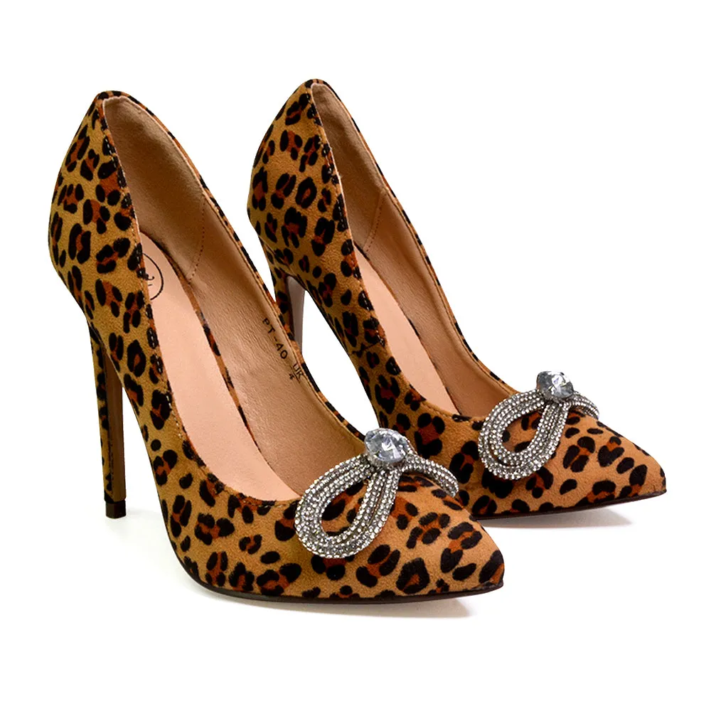 Lane Diamante Bow Pointed Toe Court Shoes Stiletto Bridal Shoes in Leopard