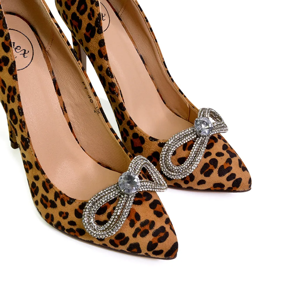 Lane Diamante Bow Pointed Toe Court Shoes Stiletto Bridal Shoes in Leopard