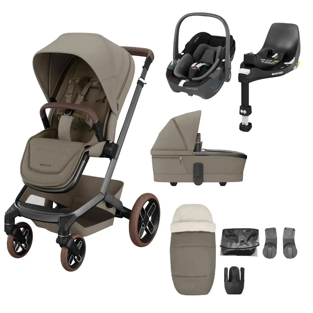 Maxi Cosi Fame 9 Piece Complete Bundle - Twillic Truffle - With Brown Wheels