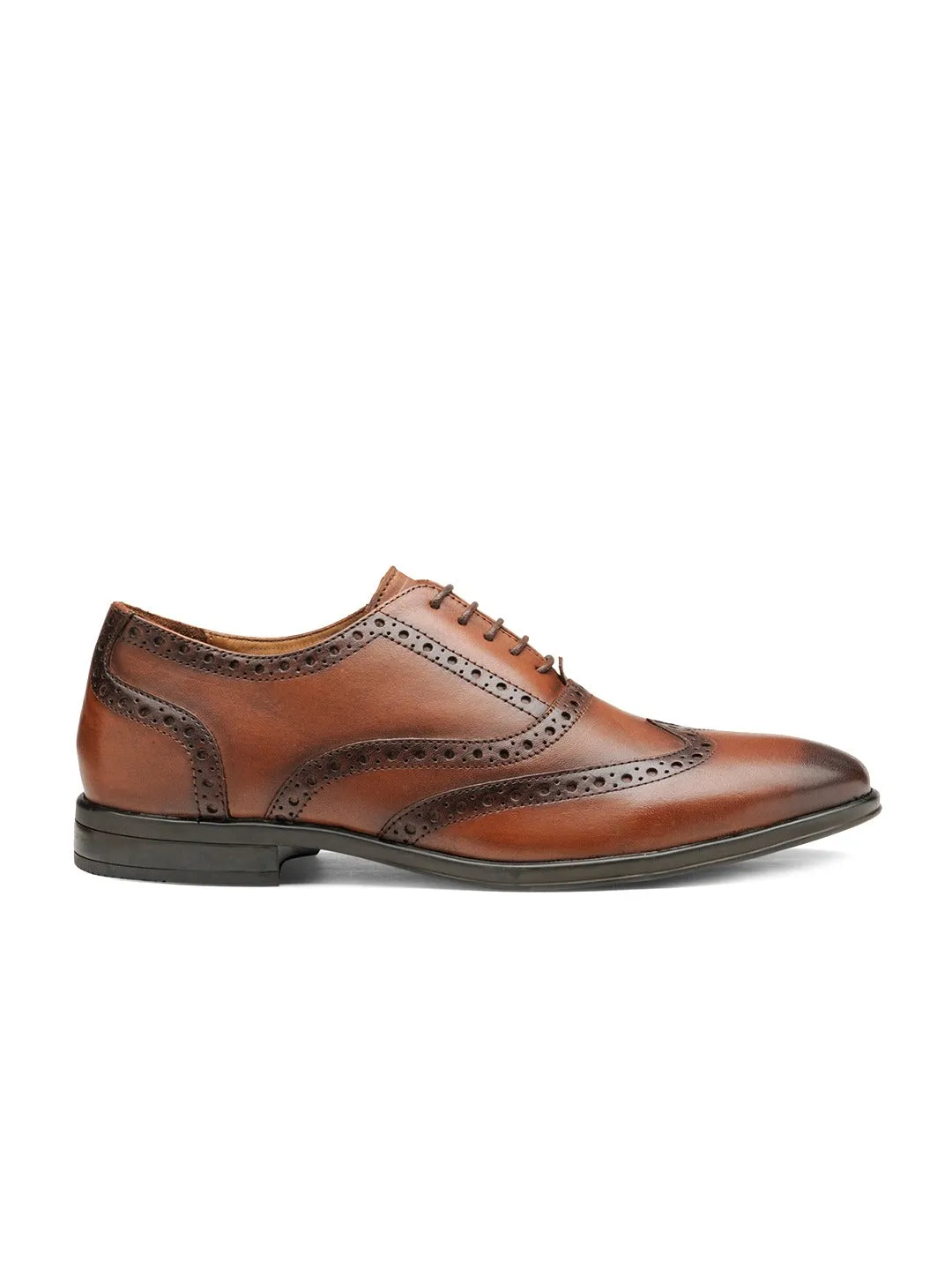 Men Brown Solid Leather Round Toe Formal Brogues