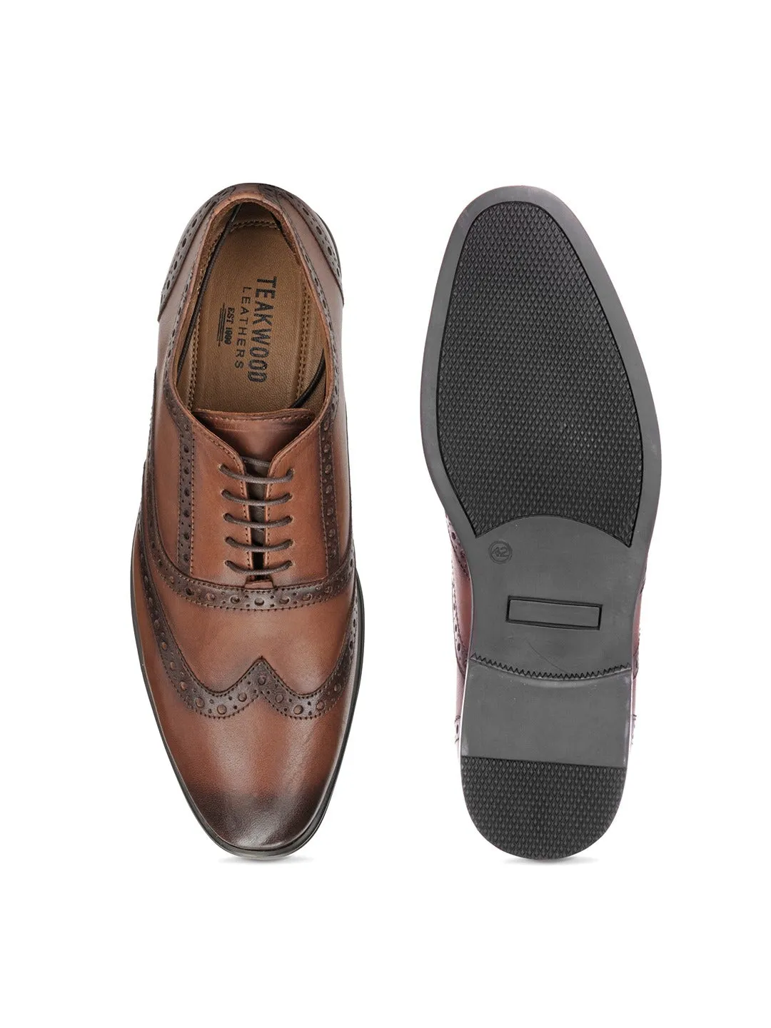 Men Brown Solid Leather Round Toe Formal Brogues