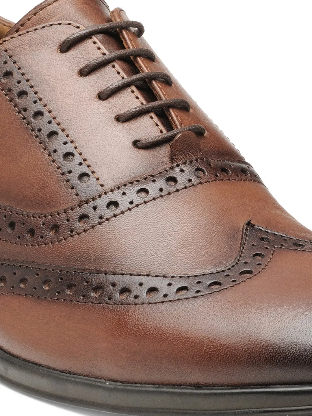 Men Brown Solid Leather Round Toe Formal Brogues