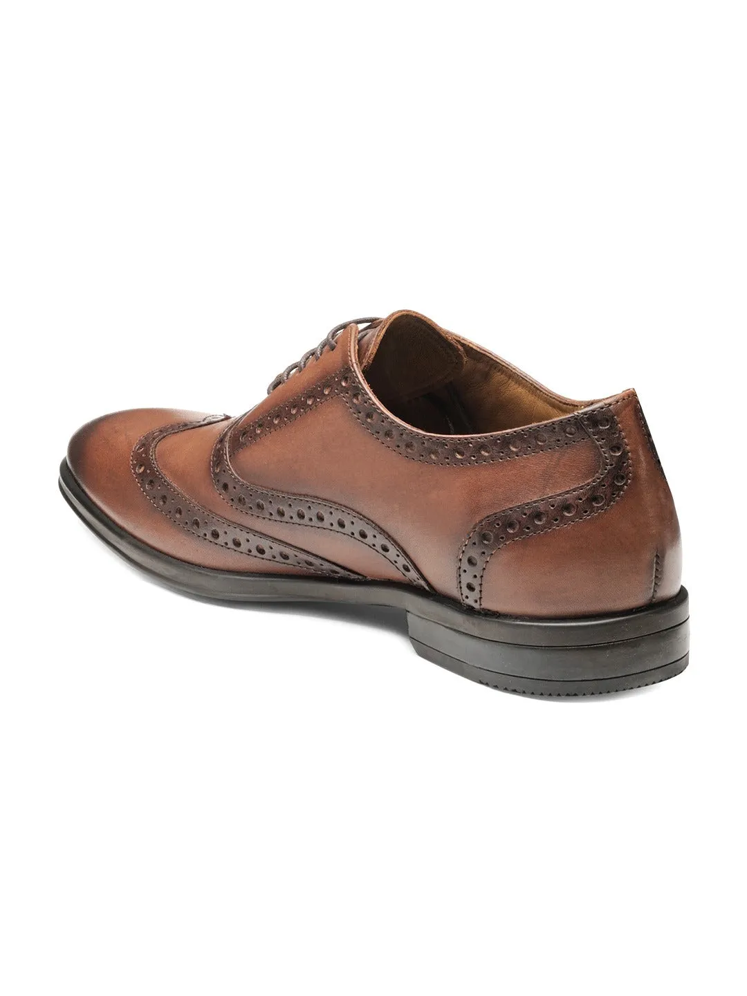 Men Brown Solid Leather Round Toe Formal Brogues